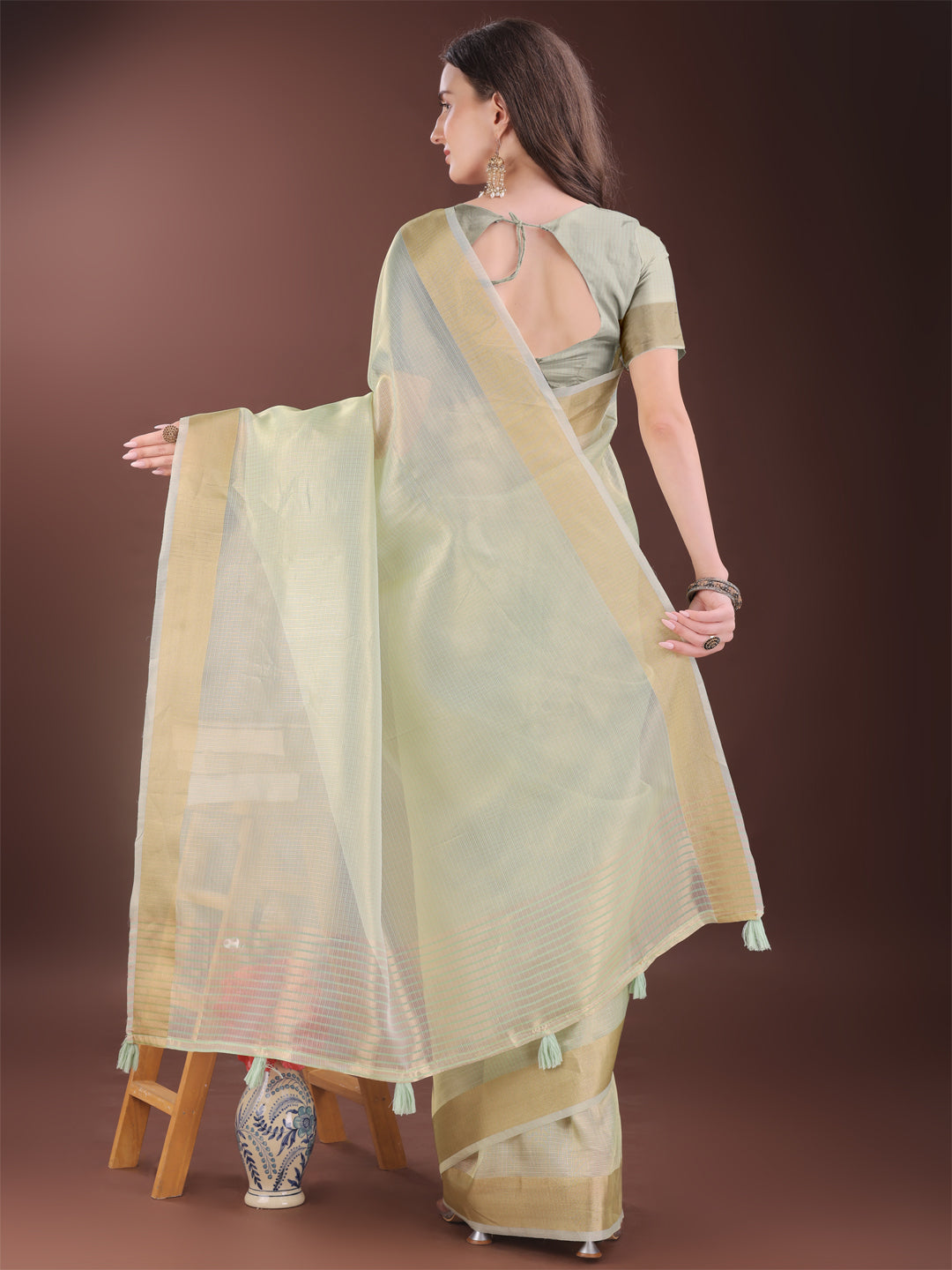 Shree Shyam Fashion Elegant Light Green Organza Saree with Zari Border | Lightweight Transparent Saree with Blouse Piece for Festive & Daily Wear