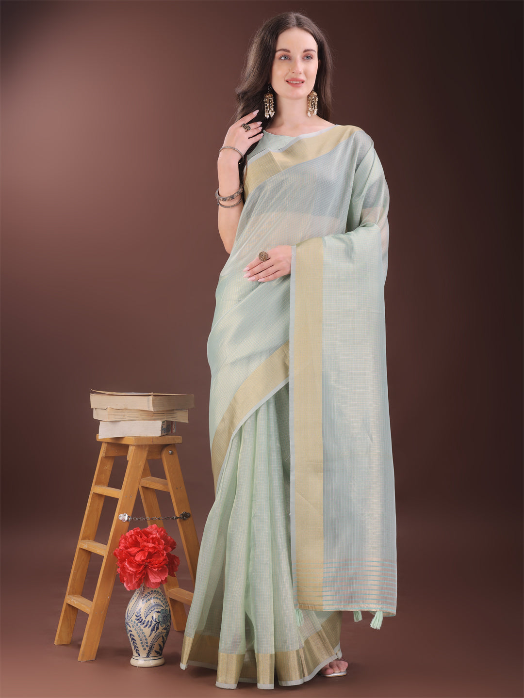 Shree Shyam Fashion Elegant Sky Blue Organza Saree with Zari Border | Lightweight Transparent Saree with Blouse Piece for Festive & Daily Wear