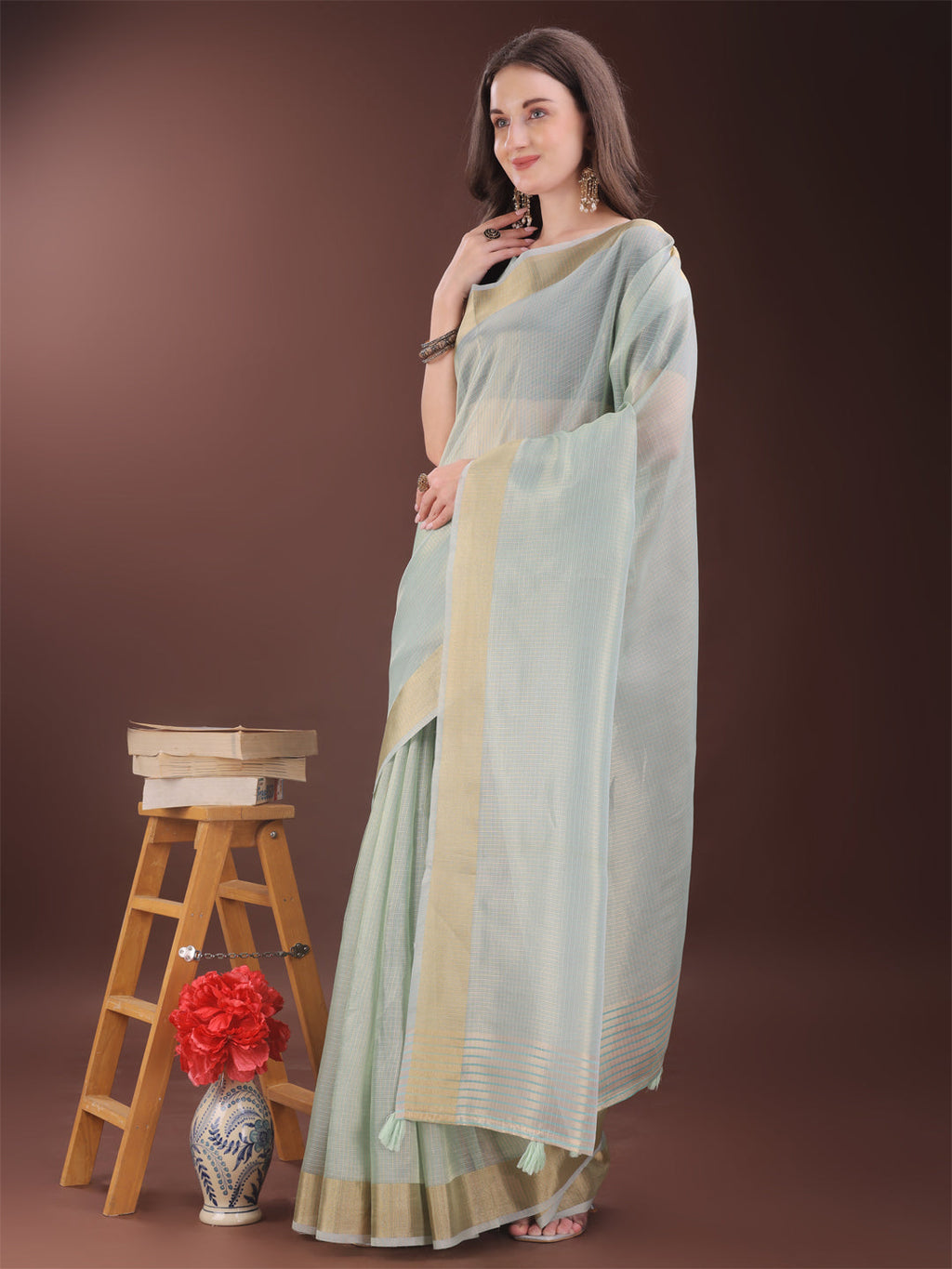 Shree Shyam Fashion Elegant Sky Blue Organza Saree with Zari Border | Lightweight Transparent Saree with Blouse Piece for Festive & Daily Wear