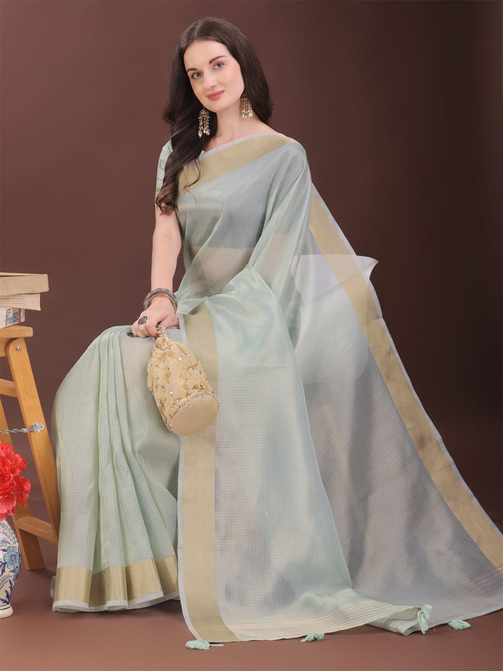Shree Shyam Fashion Elegant Sky Blue Organza Saree with Zari Border | Lightweight Transparent Saree with Blouse Piece for Festive & Daily Wear