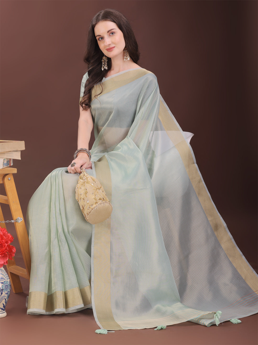 Shree Shyam Fashion Elegant Sky Blue Organza Saree with Zari Border | Lightweight Transparent Saree with Blouse Piece for Festive & Daily Wear
