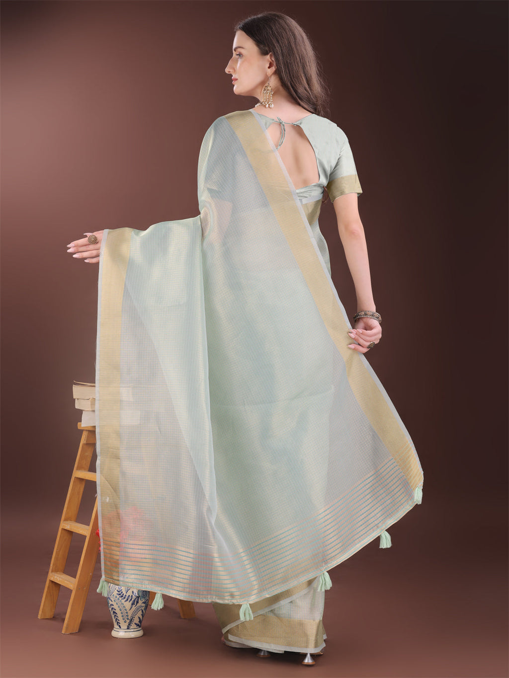 Shree Shyam Fashion Elegant Sky Blue Organza Saree with Zari Border | Lightweight Transparent Saree with Blouse Piece for Festive & Daily Wear