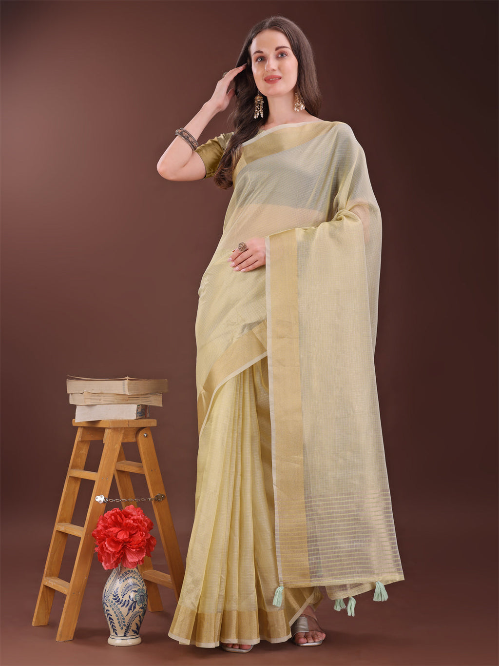 Shree Shyam Fashion Elegant Light Yellow Organza Saree with Zari Border | Lightweight Transparent Saree with Blouse Piece for Festive & Daily Wear