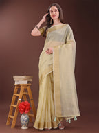 Shree Shyam Fashion Elegant Light Yellow Organza Saree with Zari Border | Lightweight Transparent Saree with Blouse Piece for Festive & Daily Wear