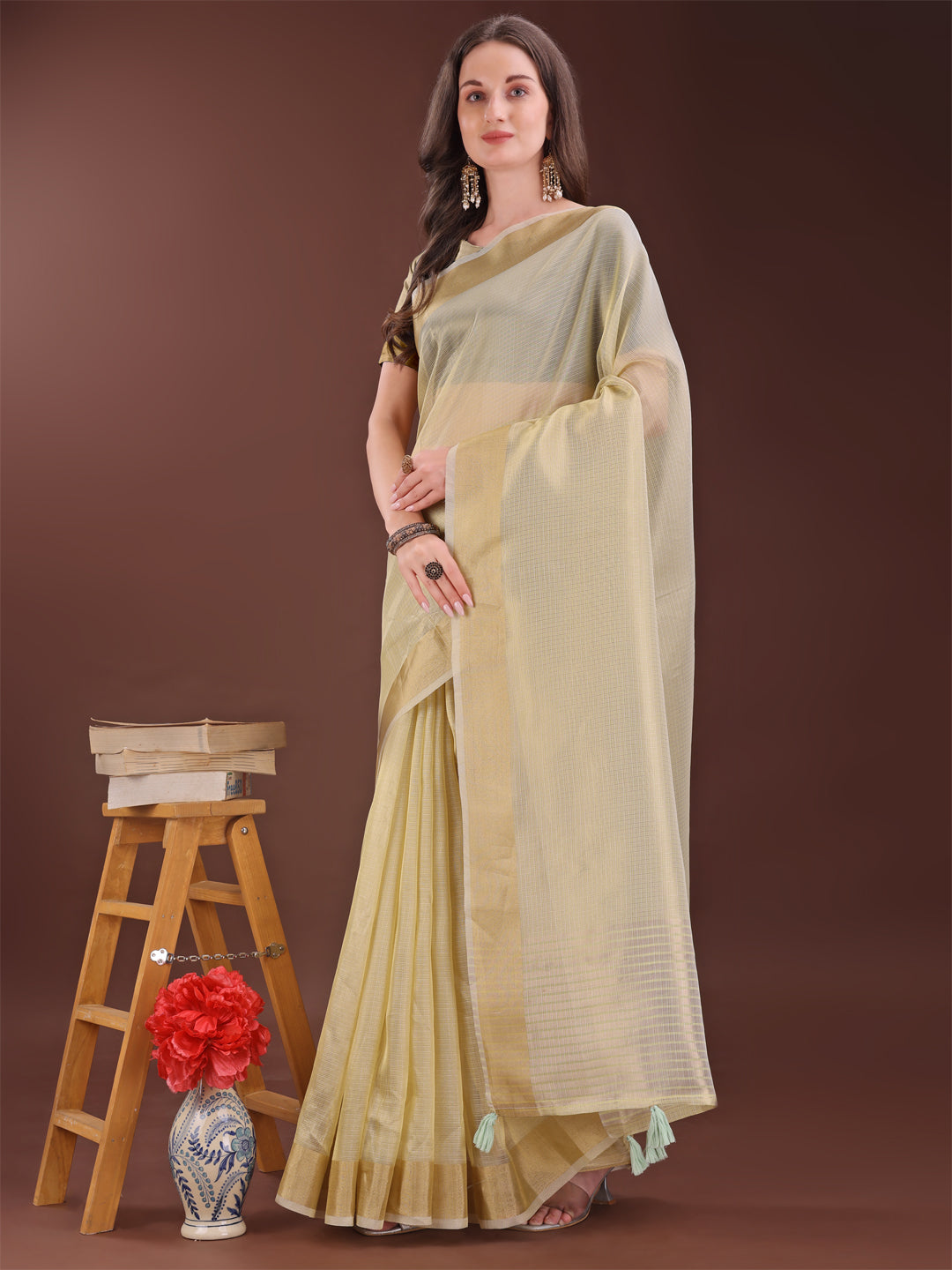 Shree Shyam Fashion Elegant Light Yellow Organza Saree with Zari Border | Lightweight Transparent Saree with Blouse Piece for Festive & Daily Wear