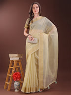 Shree Shyam Fashion Elegant Light Yellow Organza Saree with Zari Border | Lightweight Transparent Saree with Blouse Piece for Festive & Daily Wear