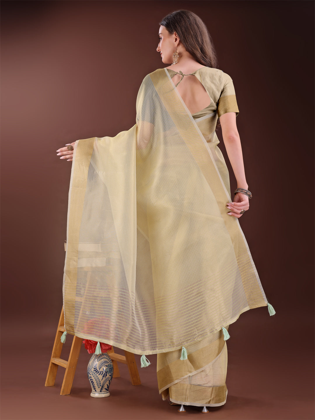 Shree Shyam Fashion Elegant Light Yellow Organza Saree with Zari Border | Lightweight Transparent Saree with Blouse Piece for Festive & Daily Wear