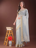Shree Shyam Fashion Elegant Grey Organza Saree with Zari Border | Lightweight Transparent Saree with Blouse Piece for Festive & Daily Wear