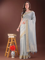 Shree Shyam Fashion Elegant Grey Organza Saree with Zari Border | Lightweight Transparent Saree with Blouse Piece for Festive & Daily Wear