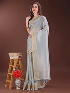 Shree Shyam Fashion Elegant Grey Organza Saree with Zari Border | Lightweight Transparent Saree with Blouse Piece for Festive & Daily Wear