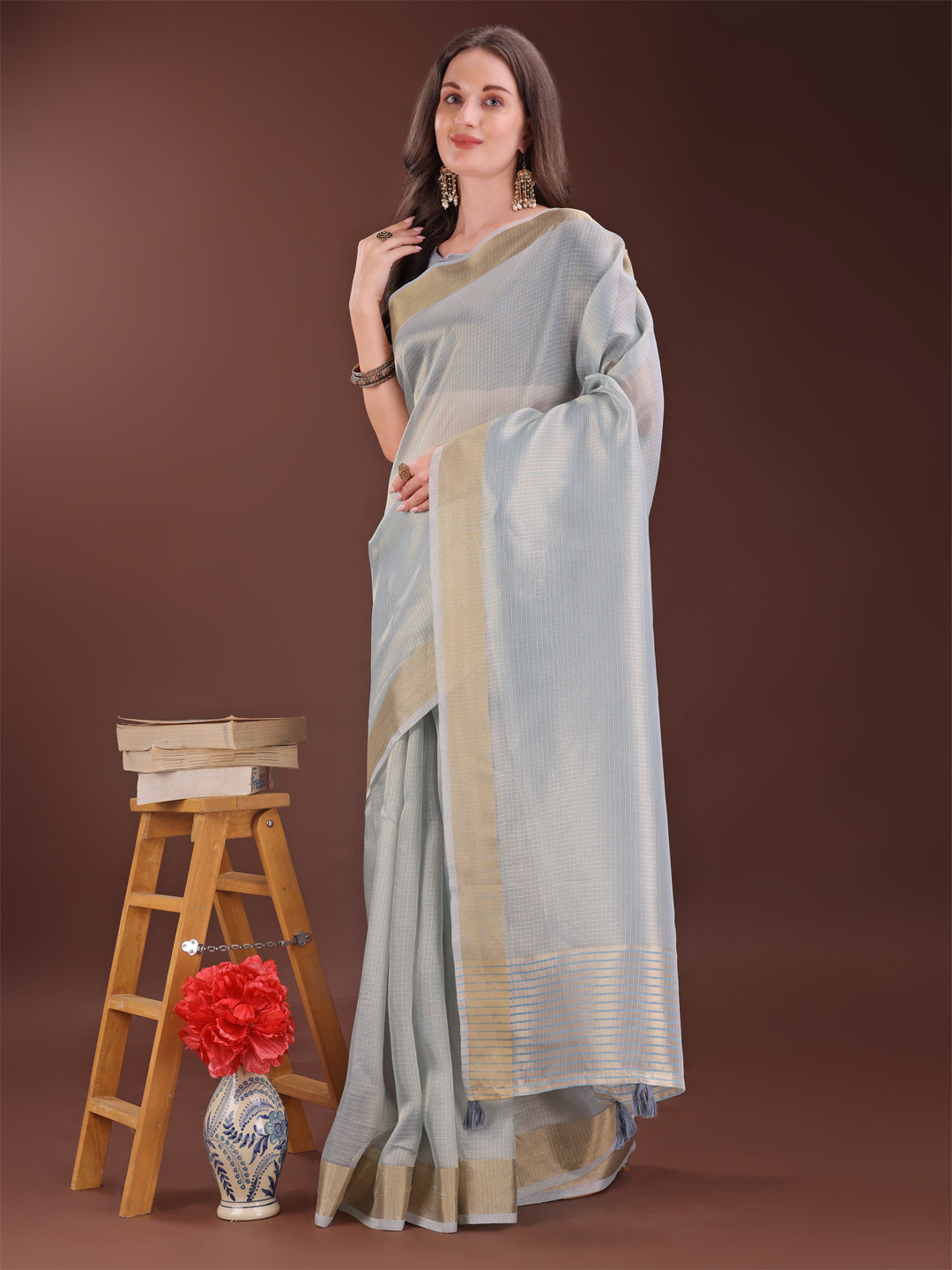 Shree Shyam Fashion Elegant Grey Organza Saree with Zari Border | Lightweight Transparent Saree with Blouse Piece for Festive & Daily Wear