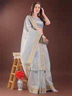 Shree Shyam Fashion Elegant Grey Organza Saree with Zari Border | Lightweight Transparent Saree with Blouse Piece for Festive & Daily Wear