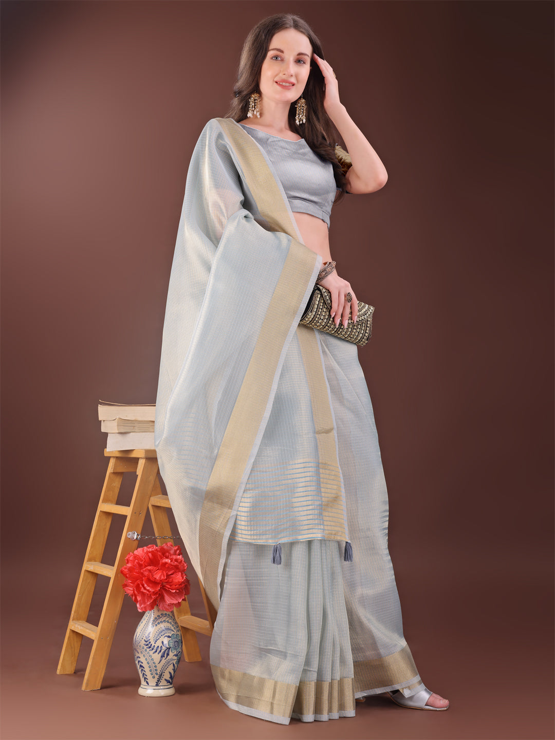 Shree Shyam Fashion Elegant Grey Organza Saree with Zari Border | Lightweight Transparent Saree with Blouse Piece for Festive & Daily Wear
