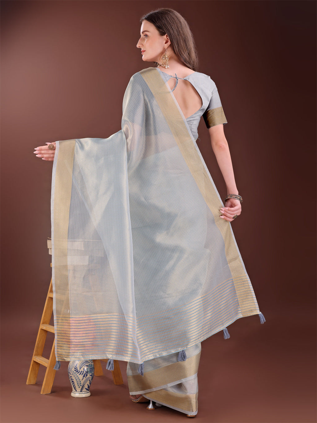 Shree Shyam Fashion Elegant Grey Organza Saree with Zari Border | Lightweight Transparent Saree with Blouse Piece for Festive & Daily Wear