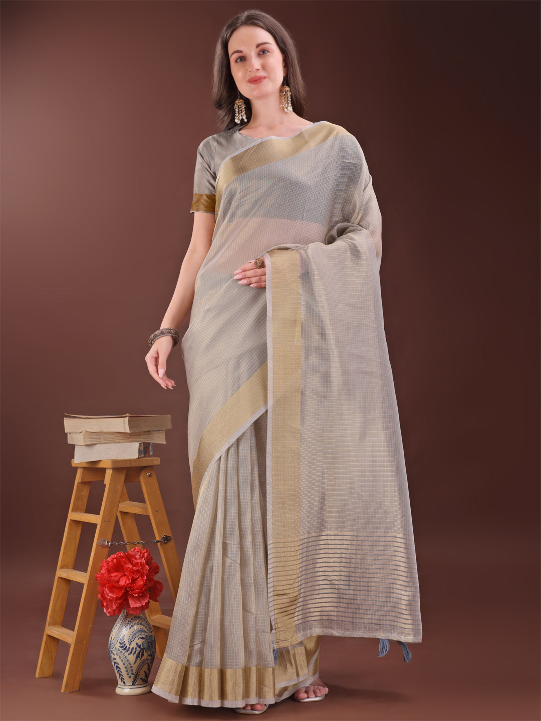 Shree Shyam Fashion Elegant Brown Organza Saree with Zari Border | Lightweight Transparent Saree with Blouse Piece for Festive & Daily Wear