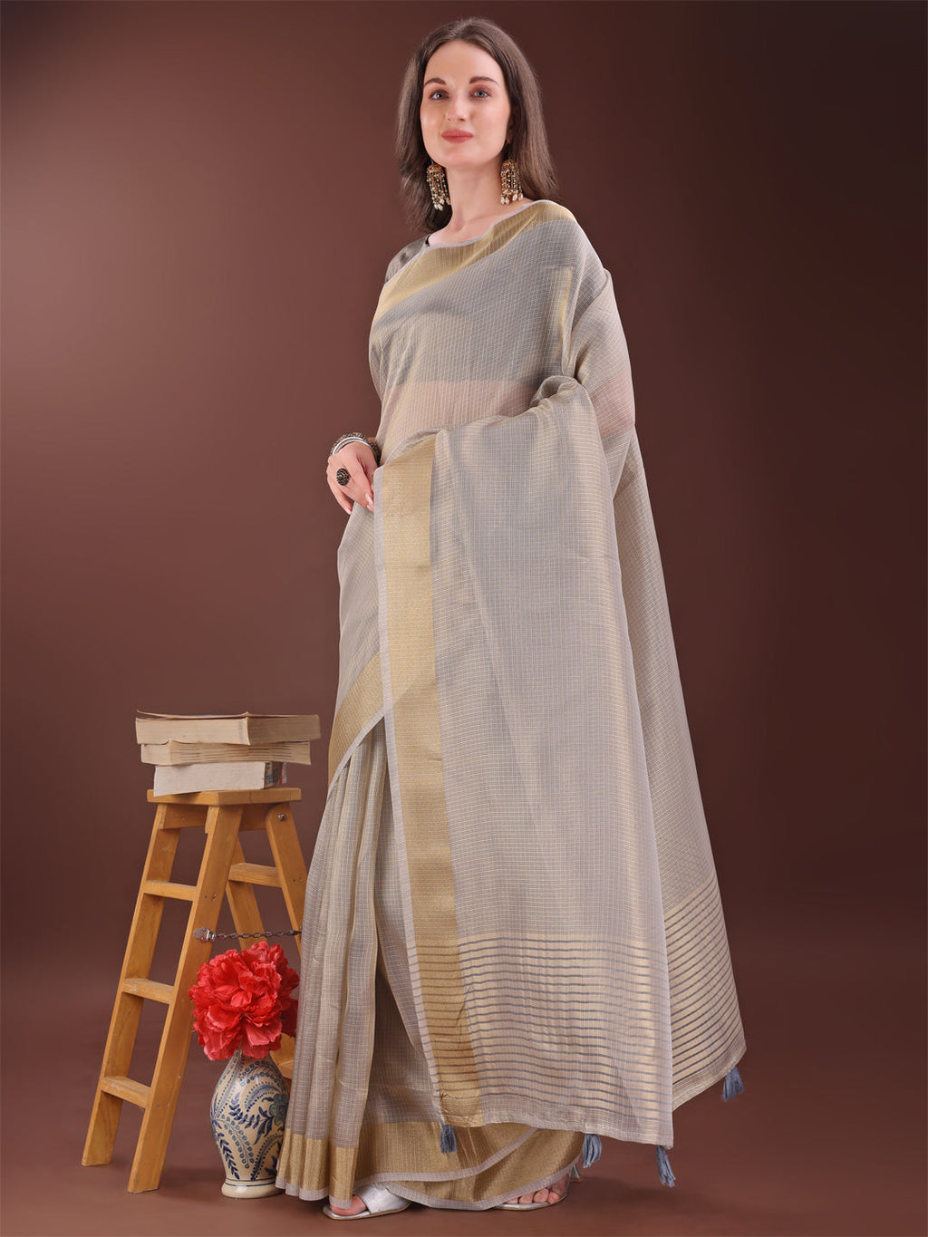 Shree Shyam Fashion Elegant Brown Organza Saree with Zari Border | Lightweight Transparent Saree with Blouse Piece for Festive & Daily Wear