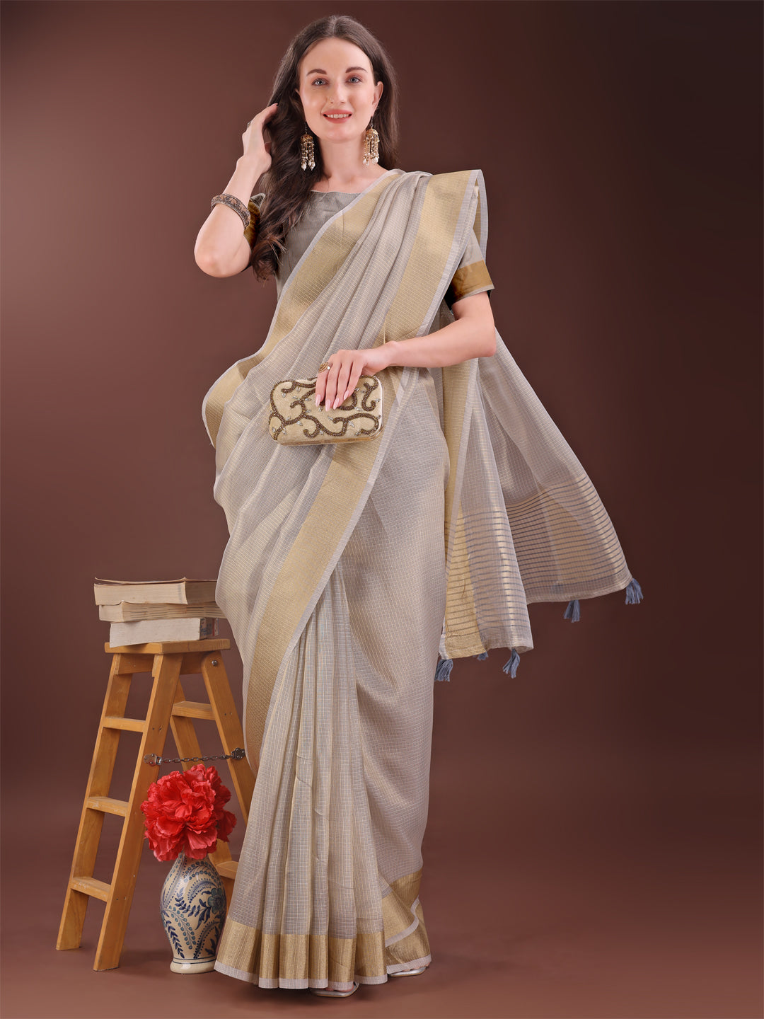 Shree Shyam Fashion Elegant Brown Organza Saree with Zari Border | Lightweight Transparent Saree with Blouse Piece for Festive & Daily Wear