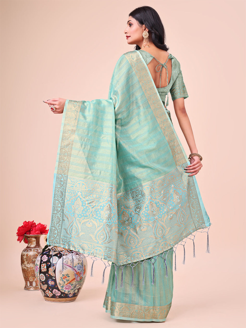 Shree Shyam Fashion Teal Organza Saree - Ethereal Sophistication in Every Fold