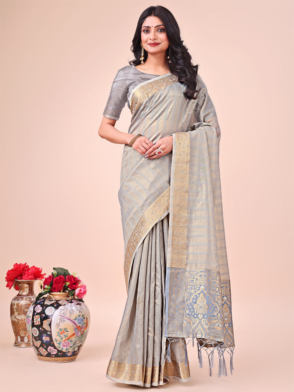 Shree Shyam Fashion Light Grey Organza Saree - Ethereal Sophistication in Every Fold