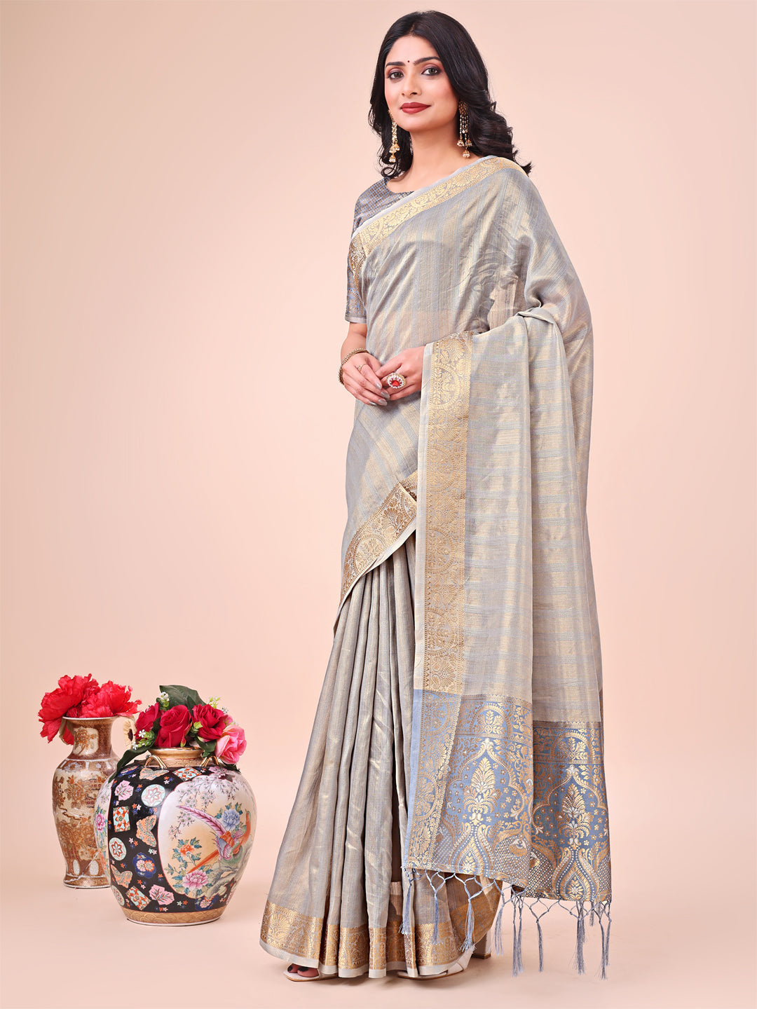 Shree Shyam Fashion Light Grey Organza Saree - Ethereal Sophistication in Every Fold