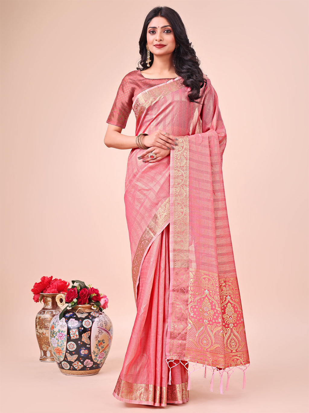 Shree Shyam Fashion Light Peach Organza Saree - Ethereal Sophistication in Every Fold