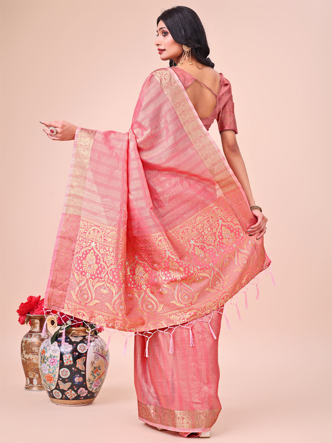 Shree Shyam Fashion Light Peach Organza Saree - Ethereal Sophistication in Every Fold