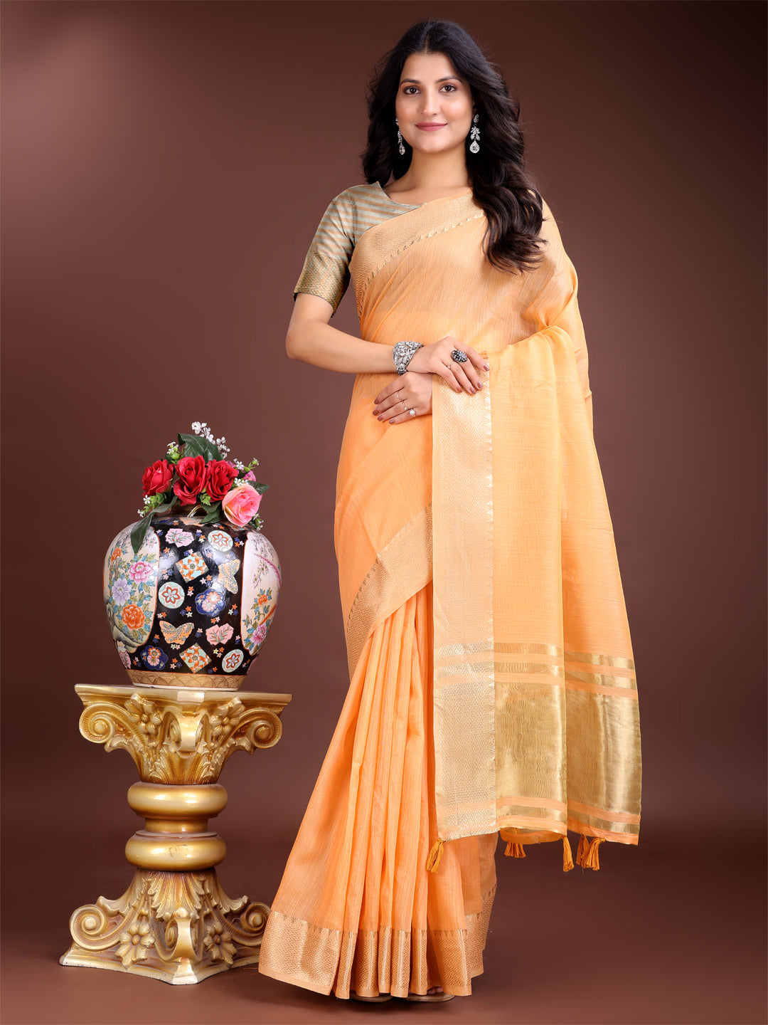 Shree Shyam Fashion Orange Cotton Woven Zari Work Traditional Tassel Saree