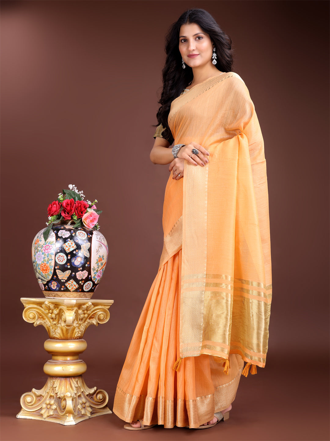 Shree Shyam Fashion Orange Cotton Woven Zari Work Traditional Tassel Saree