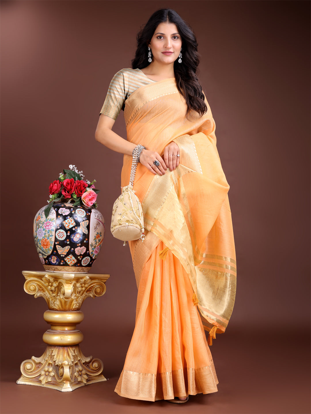 Shree Shyam Fashion Orange Cotton Woven Zari Work Traditional Tassel Saree