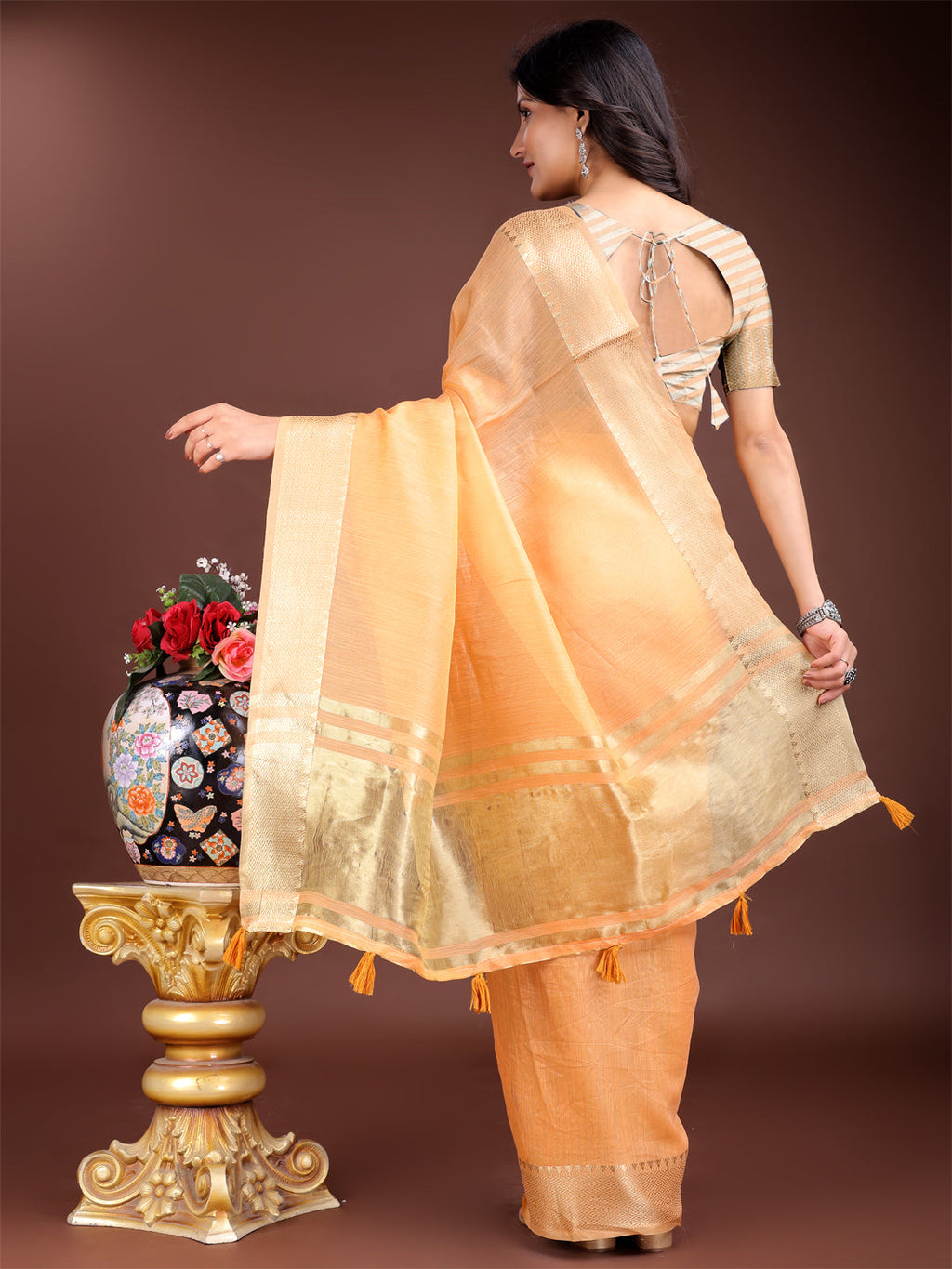 Shree Shyam Fashion Orange Cotton Woven Zari Work Traditional Tassel Saree