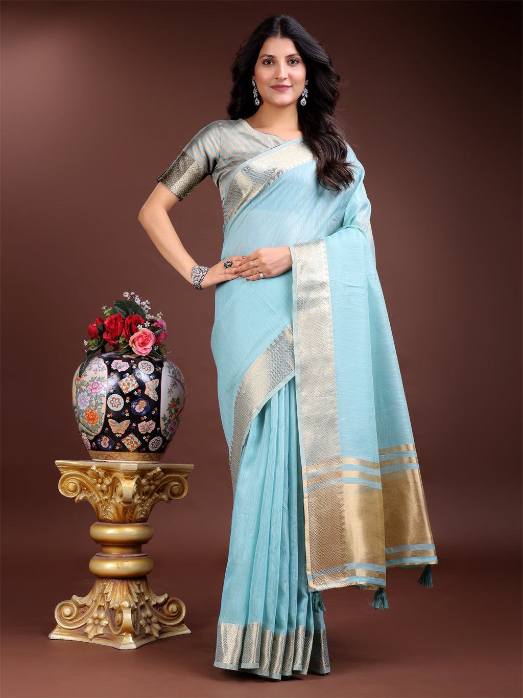 Shree Shyam Fashion Sky Blue Cotton Woven Zari Work Traditional Tassel Saree