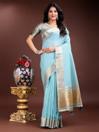 Shree Shyam Fashion Sky Blue Cotton Woven Zari Work Traditional Tassel Saree