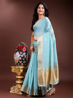 Shree Shyam Fashion Sky Blue Cotton Woven Zari Work Traditional Tassel Saree