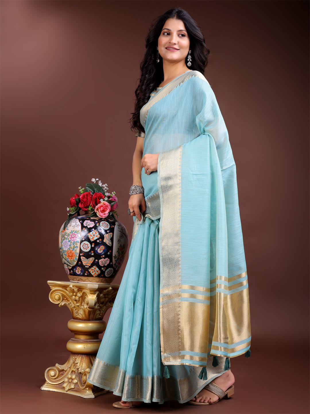 Shree Shyam Fashion Sky Blue Cotton Woven Zari Work Traditional Tassel Saree