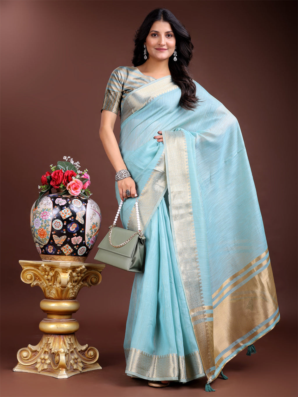 Shree Shyam Fashion Sky Blue Cotton Woven Zari Work Traditional Tassel Saree