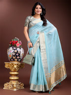 Shree Shyam Fashion Sky Blue Cotton Woven Zari Work Traditional Tassel Saree