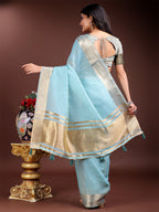 Shree Shyam Fashion Sky Blue Cotton Woven Zari Work Traditional Tassel Saree