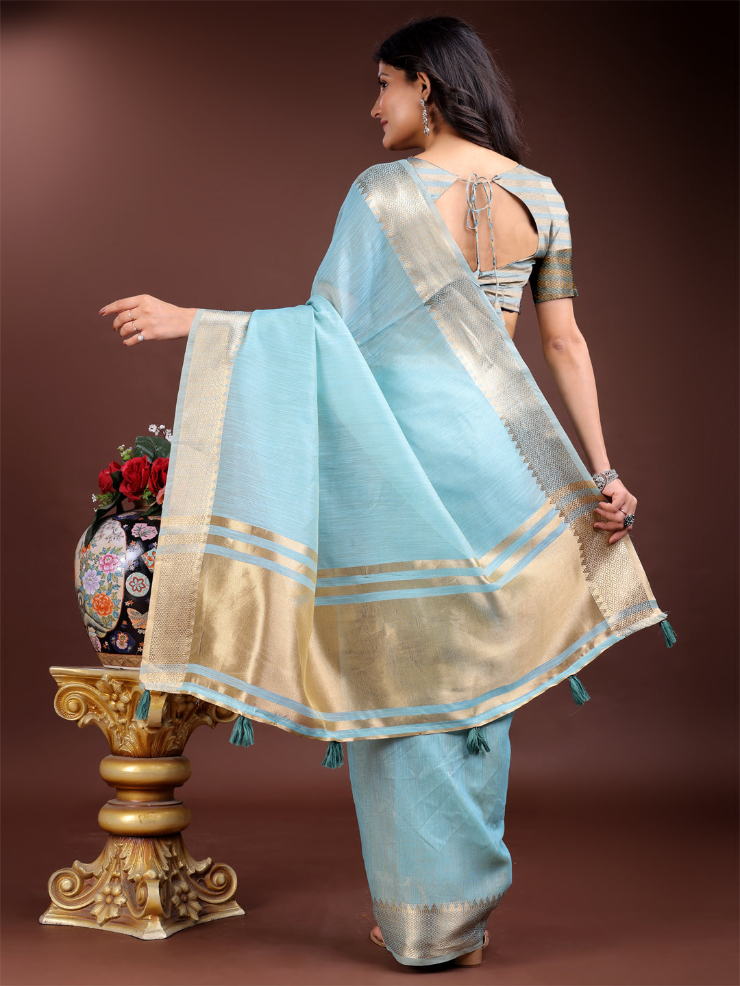 Shree Shyam Fashion Sky Blue Cotton Woven Zari Work Traditional Tassel Saree