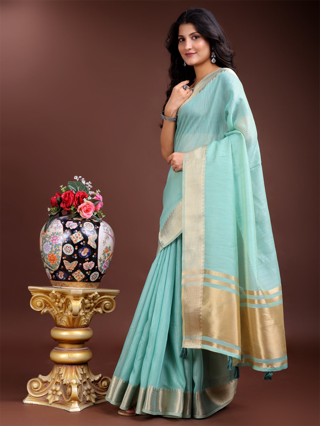 Shree Shyam Fashion Sea Green Cotton Woven Zari Work Traditional Tassel Saree