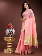 Shree Shyam Fashion Pink Cotton Woven Zari Work Traditional Tassel Saree