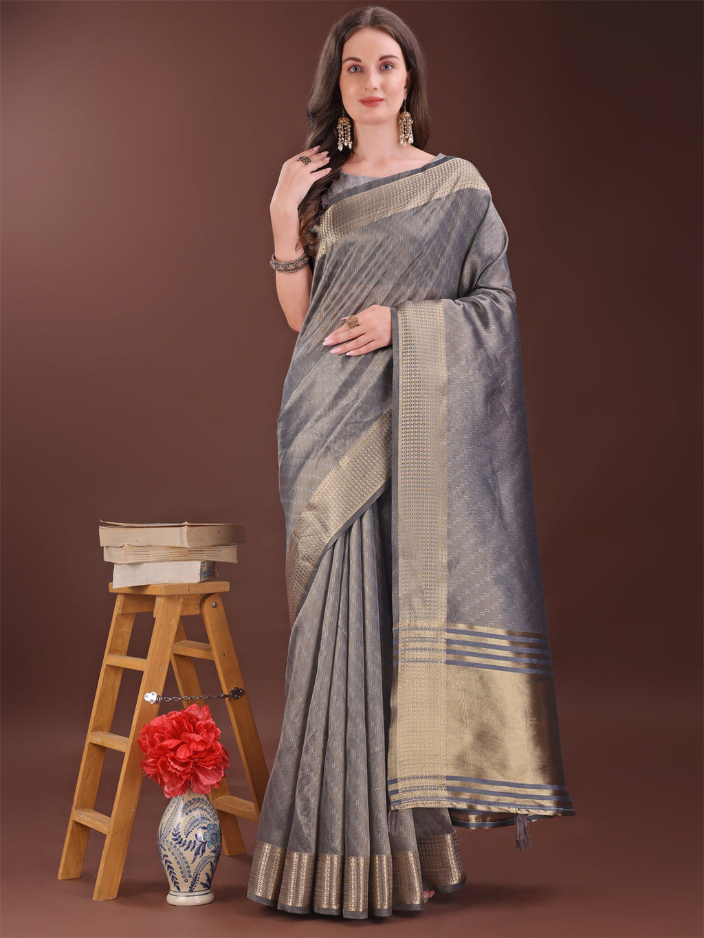 Shree Shyam Fashion Graceful Grey Organza Saree with Rich Golden Zari Border | Elegant Party Wear Saree with Blouse Piece