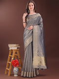 Shree Shyam Fashion Graceful Grey Organza Saree with Rich Golden Zari Border | Elegant Party Wear Saree with Blouse Piece