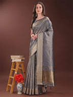 Shree Shyam Fashion Graceful Grey Organza Saree with Rich Golden Zari Border | Elegant Party Wear Saree with Blouse Piece