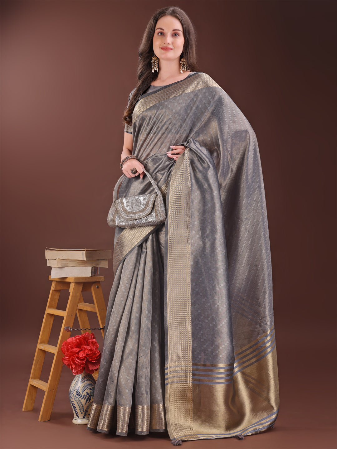 Shree Shyam Fashion Graceful Grey Organza Saree with Rich Golden Zari Border | Elegant Party Wear Saree with Blouse Piece
