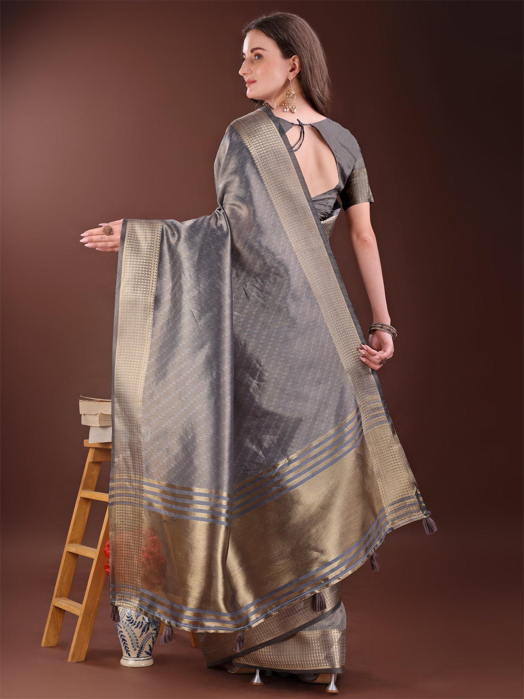 Shree Shyam Fashion Graceful Grey Organza Saree with Rich Golden Zari Border | Elegant Party Wear Saree with Blouse Piece
