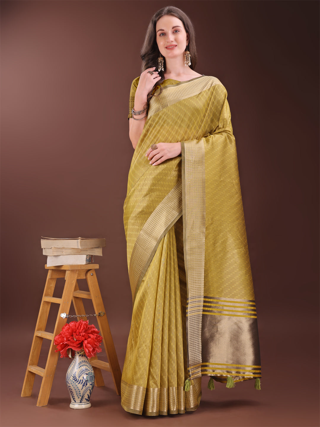 Shree Shyam Fashion Graceful Mustard Organza Saree with Rich Golden Zari Border | Elegant Party Wear Saree with Blouse Piece