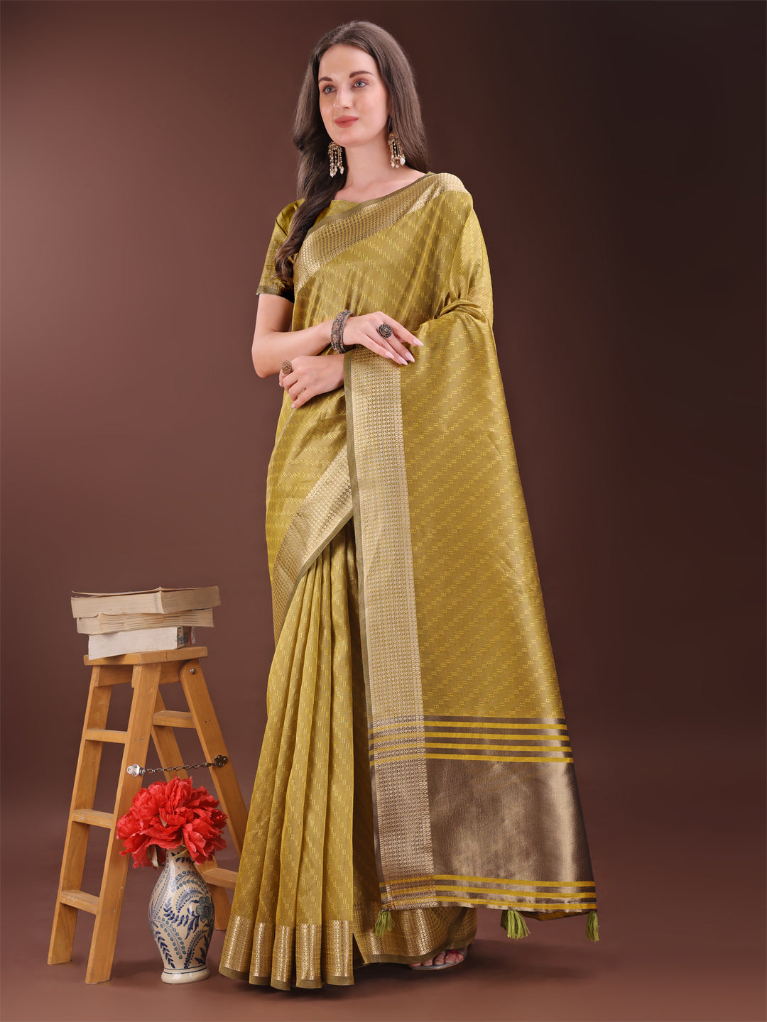 Shree Shyam Fashion Graceful Mustard Organza Saree with Rich Golden Zari Border | Elegant Party Wear Saree with Blouse Piece