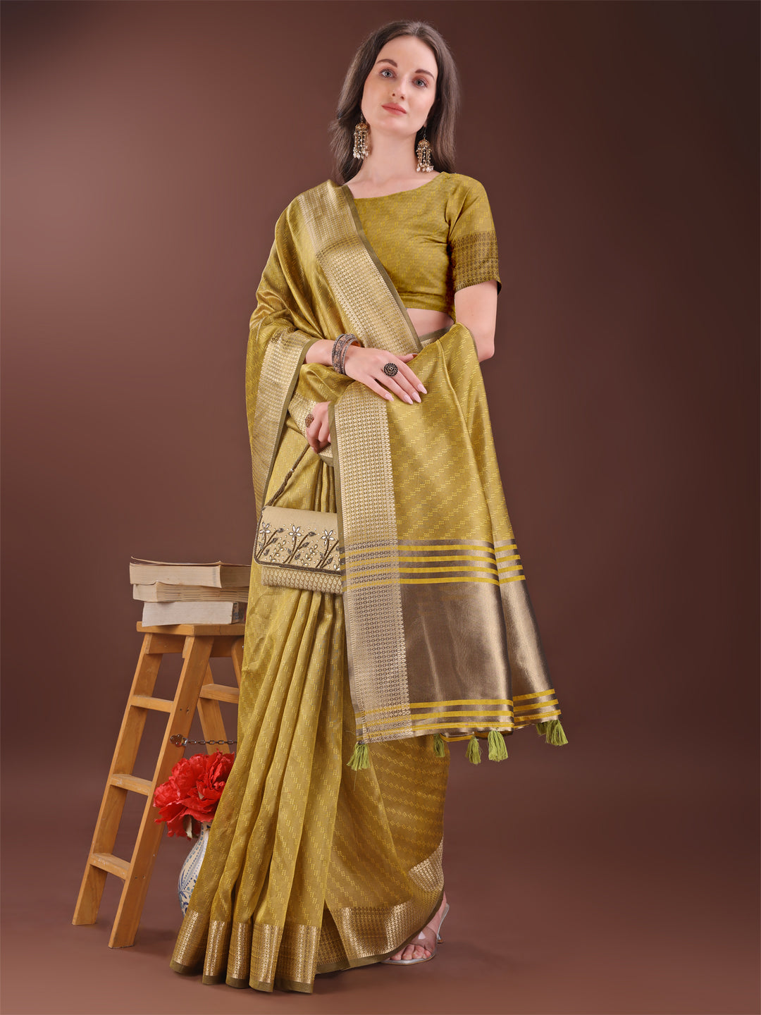 Shree Shyam Fashion Graceful Mustard Organza Saree with Rich Golden Zari Border | Elegant Party Wear Saree with Blouse Piece