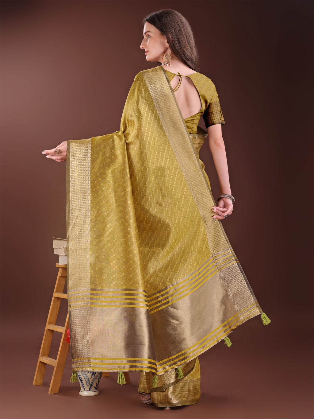 Shree Shyam Fashion Graceful Mustard Organza Saree with Rich Golden Zari Border | Elegant Party Wear Saree with Blouse Piece
