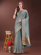 Shree Shyam Fashion Graceful Sea Green Organza Saree with Rich Golden Zari Border | Elegant Party Wear Saree with Blouse Piece
